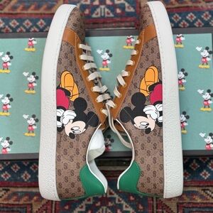Gucci Brown Monogram Mickey Mouse Low-Top Sneakers with Green Heel
